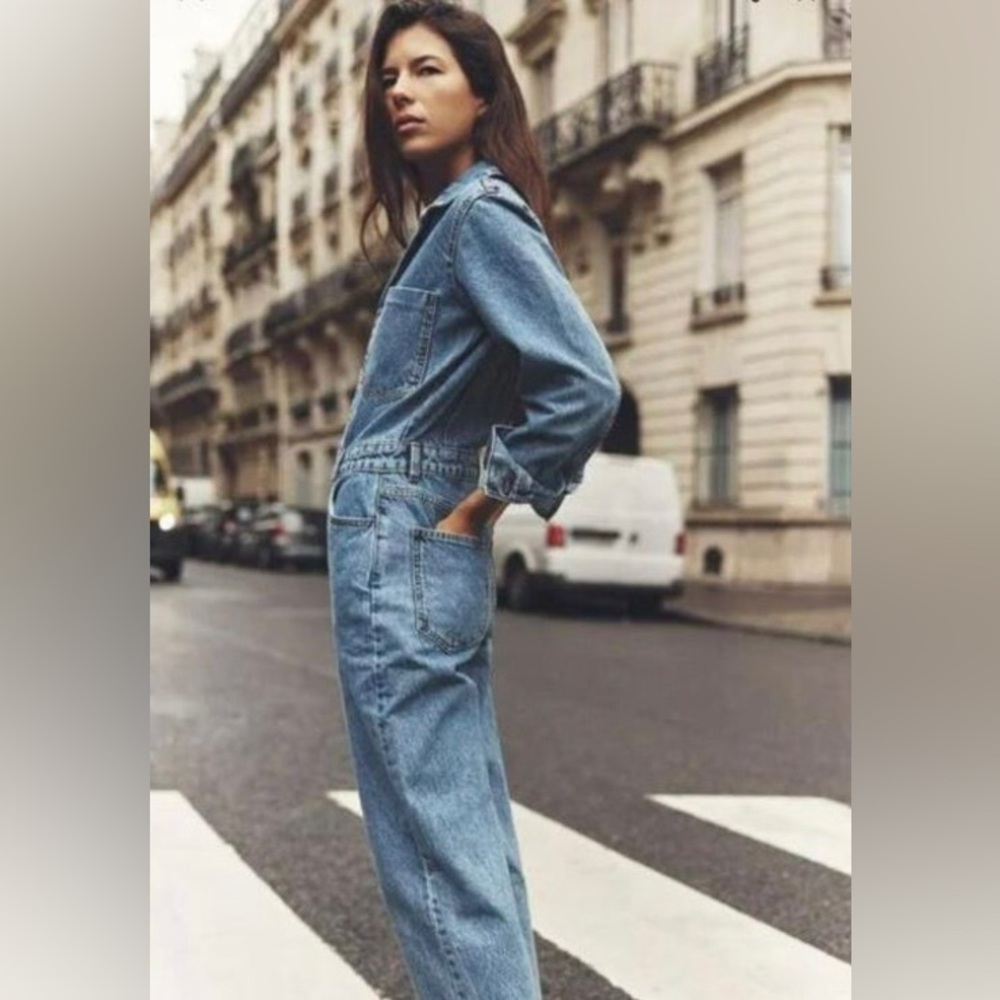 Zara Denim Long Sleeve Wide Leg Jumpsuit - Picture 2 of 16